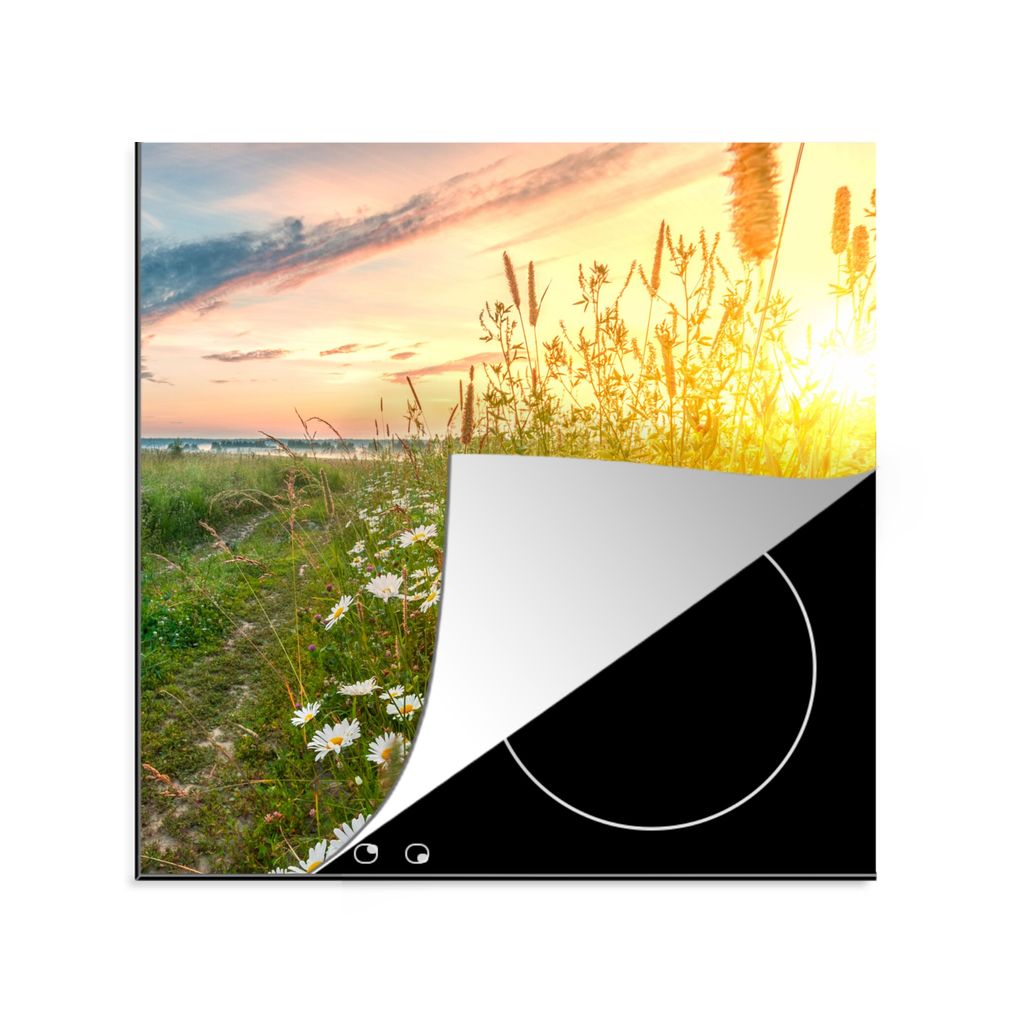 KitchenYeah Herdabdeckplatte Blumen - Gänseblümchen - Natur - Sonne - Horizont , 78x78cm, Küche Deko, Glaskeramikkochfeld Herdabdeckung, Abdec...