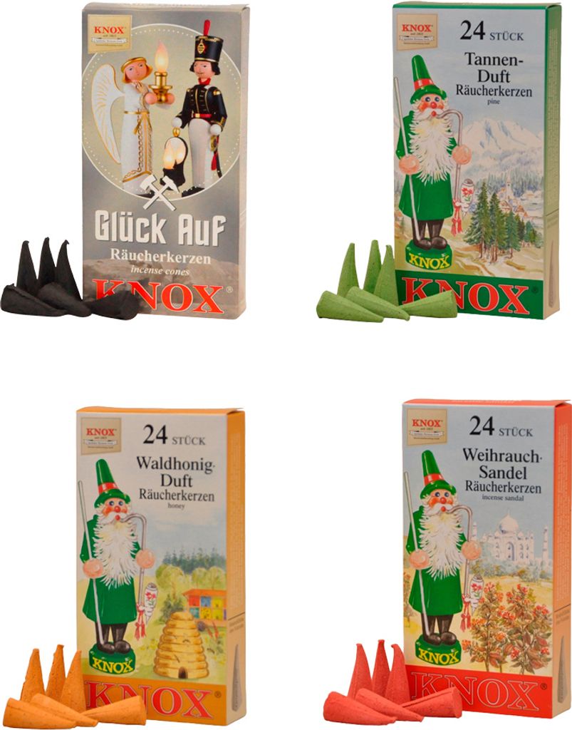 KNOX Räucherkerzen 4er Set: Glück Auf, Tanne, Waldhonig & Weihrauch-Sandel - 24 Stück pro Packung, Größe M (Standard)