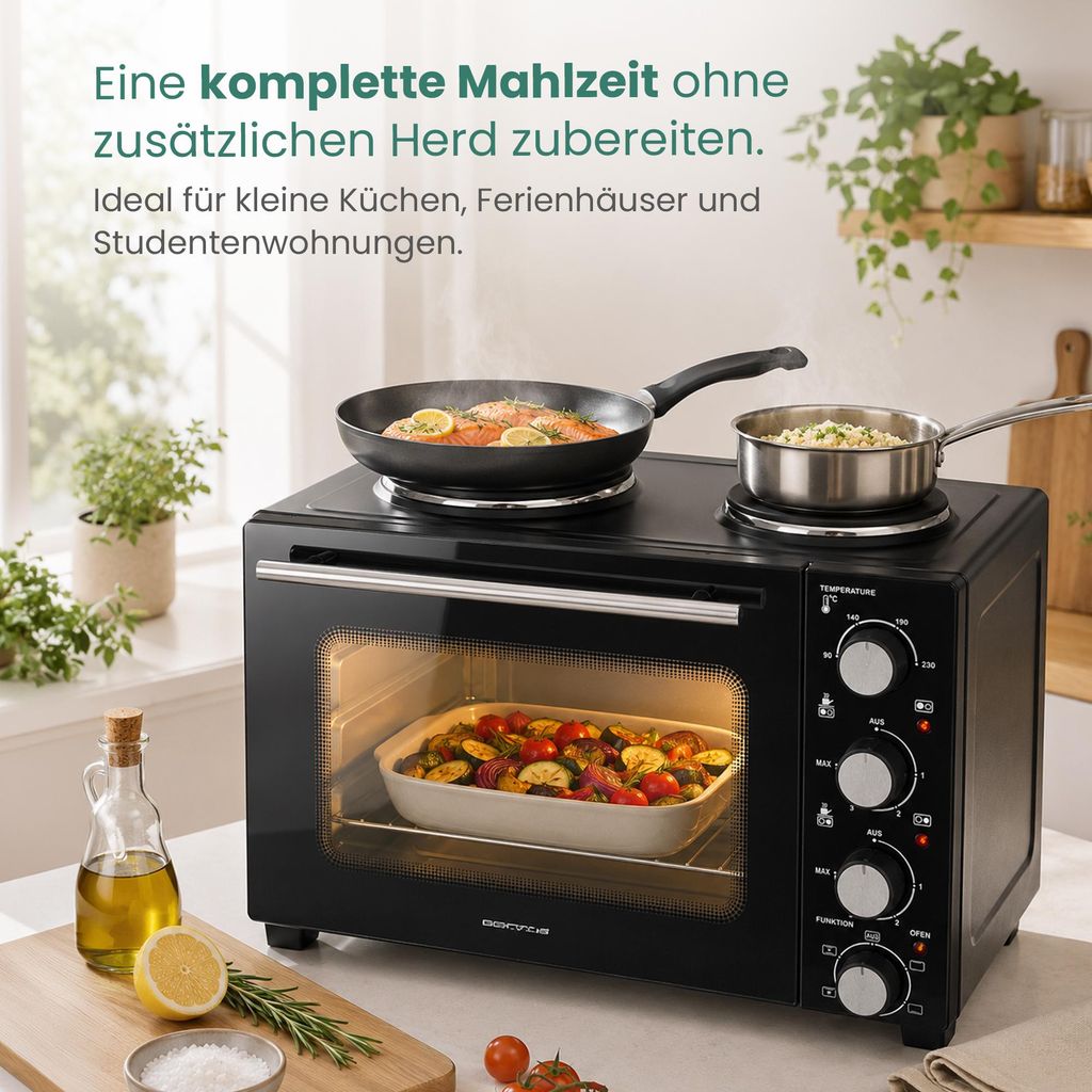 Emerio Mini-Backofen – 2 Kochplatten – 90–230 °C – Ober- &