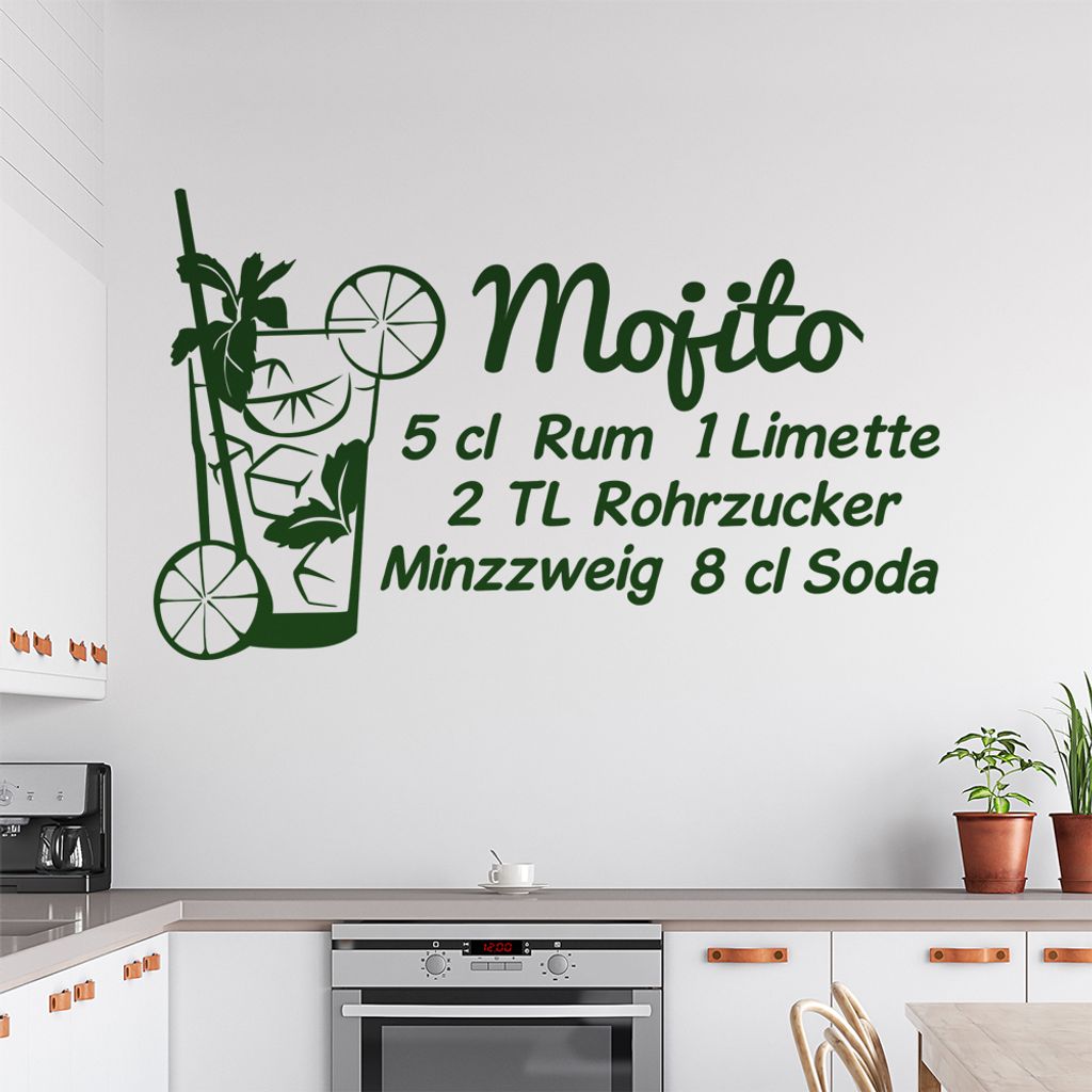 Mojito Wandtattoo Rezept Wandtattoo in 6 Größen - Wandaufkleber Wall Sticker - Dekoration, Küche, Wohnzimmer, Schlafzimmer, Badezimmer