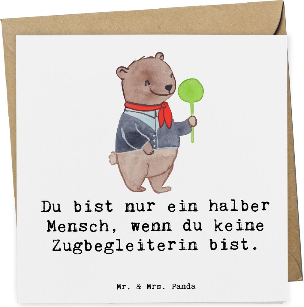 Mr. & Mrs. Panda Grußkarte Zugbegleiterin Herz - Weiß - Geschenk, anlasskarte, faltkarte, doppelkarte, Glückwunschkarte, Klappkarte