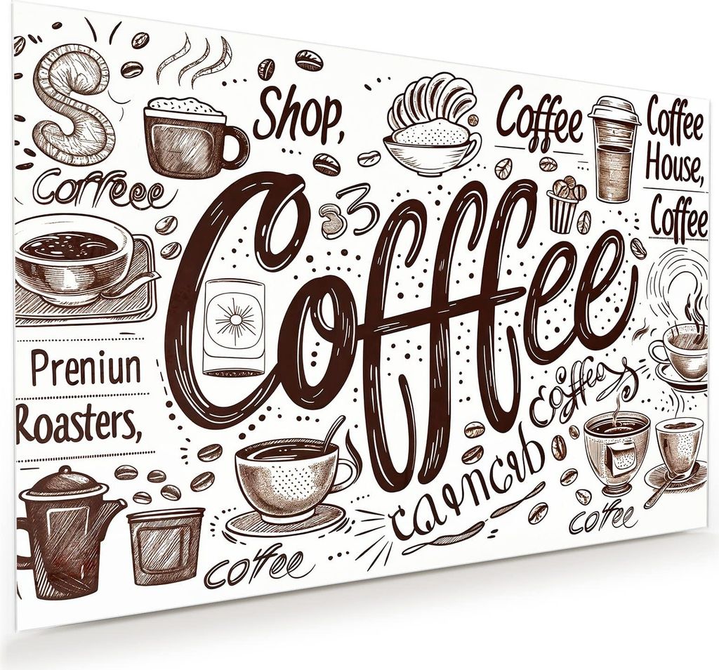 Glasbild 120x80cm in XXL für Wohnzimmer, Schlafzimmer Motiv Kaffee Illustration