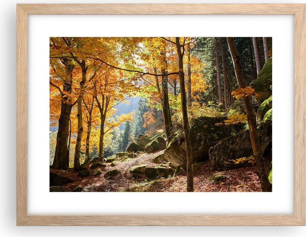 Gerahmtes Poster - Rahmen in heller Eiche - Herbst berg wald natur - 40x30 cm - Wand Bild - Wanddeko - Wandbilder - Wandposter - Bilderrahmen - Bil...