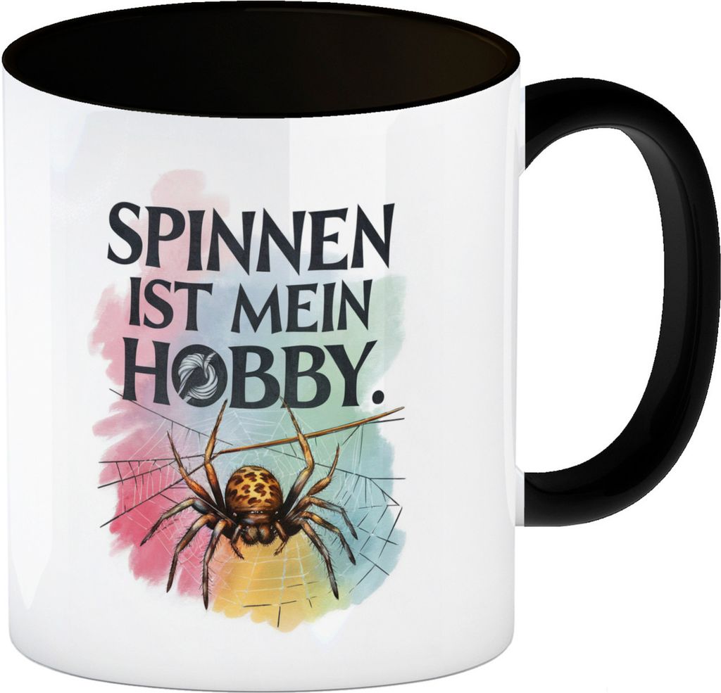 Spinnen ist mein Hobby Kaffeebecher in schwarz - Spinne strickt Netz