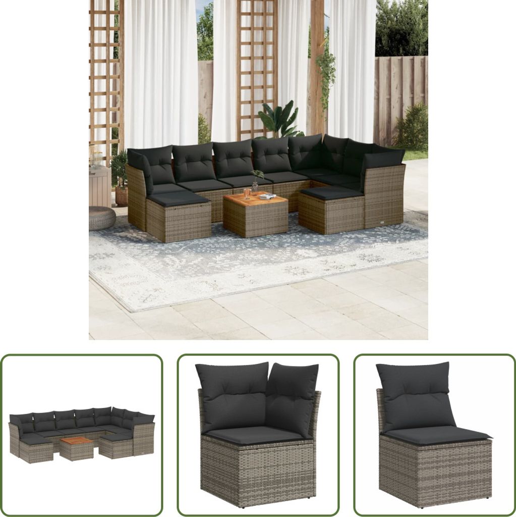The Living Store 10-tlg. Garten-Sofagarnitur mit Kissen Grau Poly Rattan