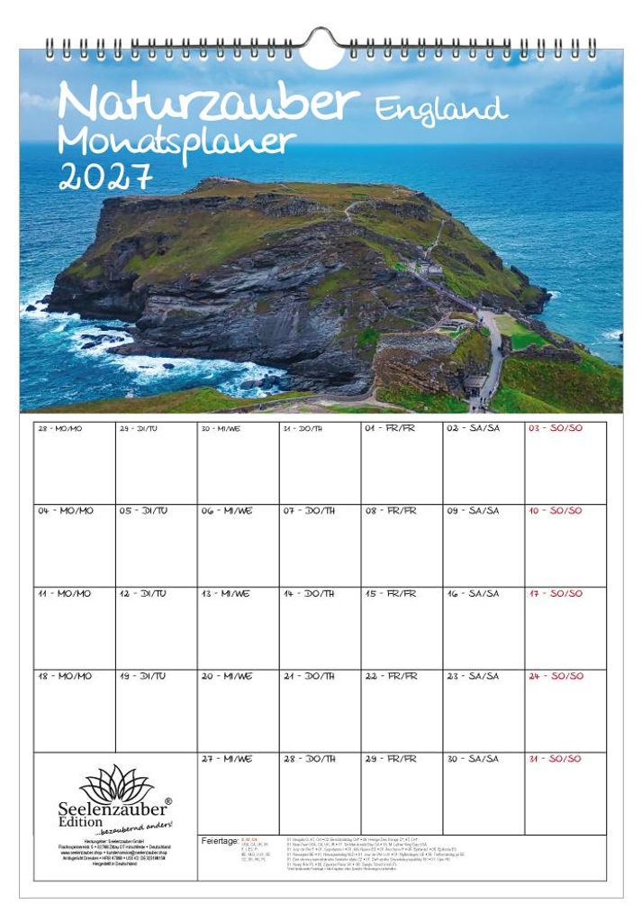 Naturzauber England Planer DIN A3 Kalender für 2027 Natur Reise Land Urlaub - Inhalt: 1x Kalender 1x Weihnachtsanhänger 1x Grußanhänger (gesamt...