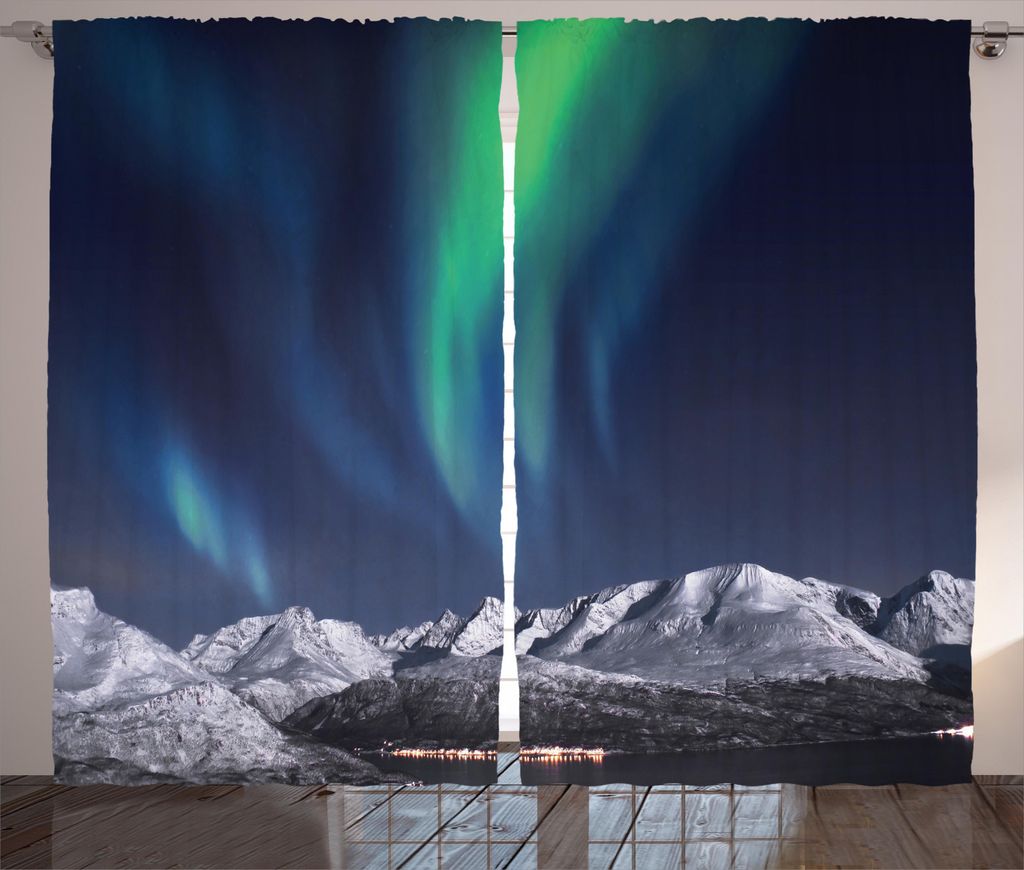 ABAKUHAUS Himmel Rustikaler Vorhang, Northern Nacht Norwegen Sonnen, Wohnzimmer Universalband Gardinen mit Schlaufen und Haken, 280 x 245 cm, Grün...