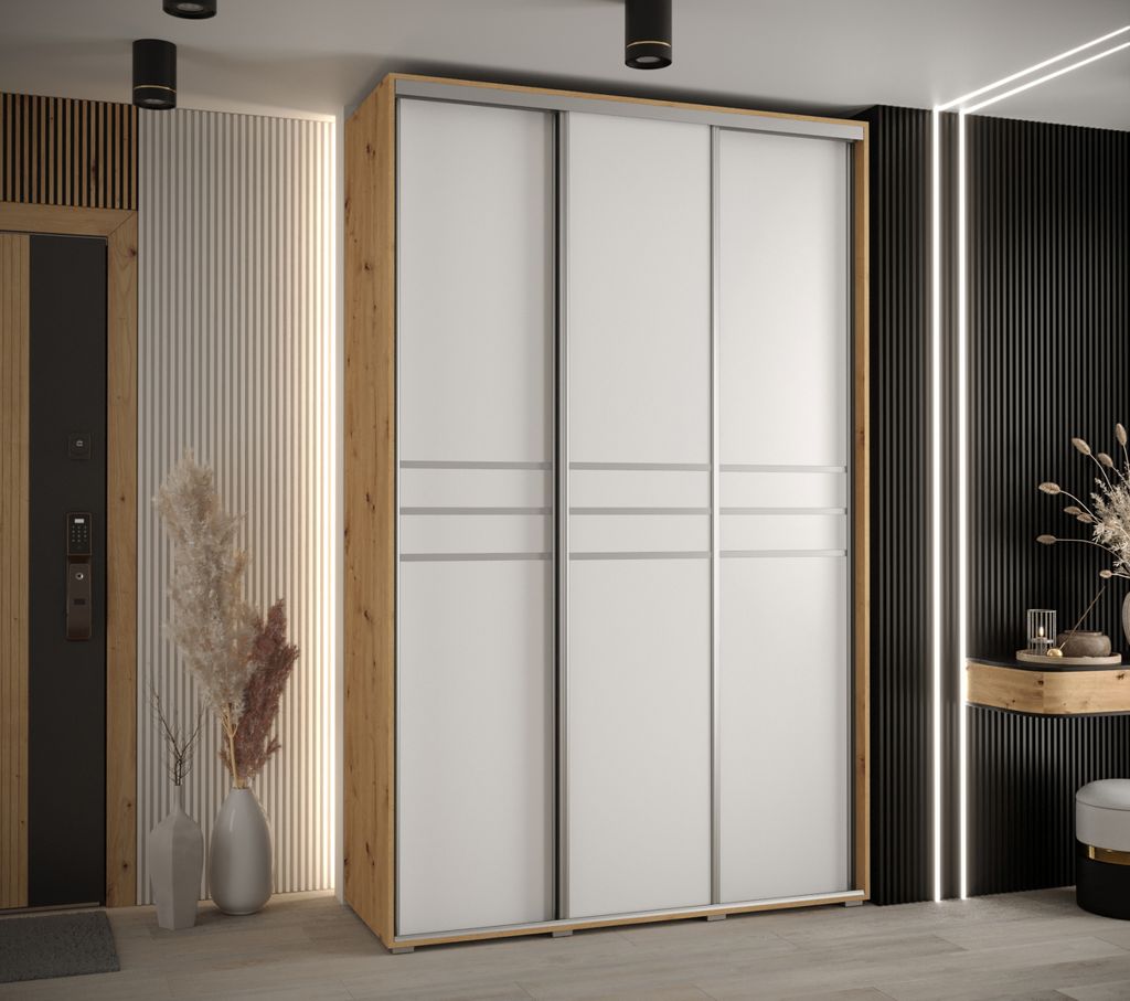 Kleiderschrank YVONA 10 - 160/45 cm, Eiche handwerklich / weiß / silber