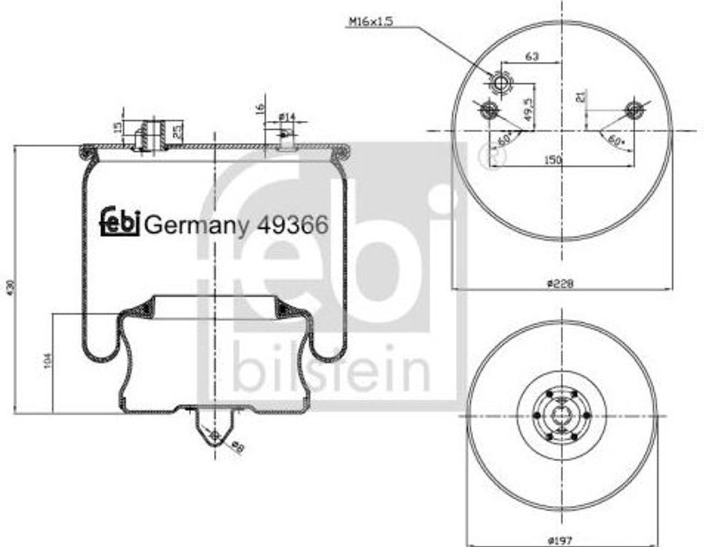 FEBI BILSTEIN Luftfederbalg Federbalg 49366 Hinten für VOLVO 7300 430 128mm 228 197mm