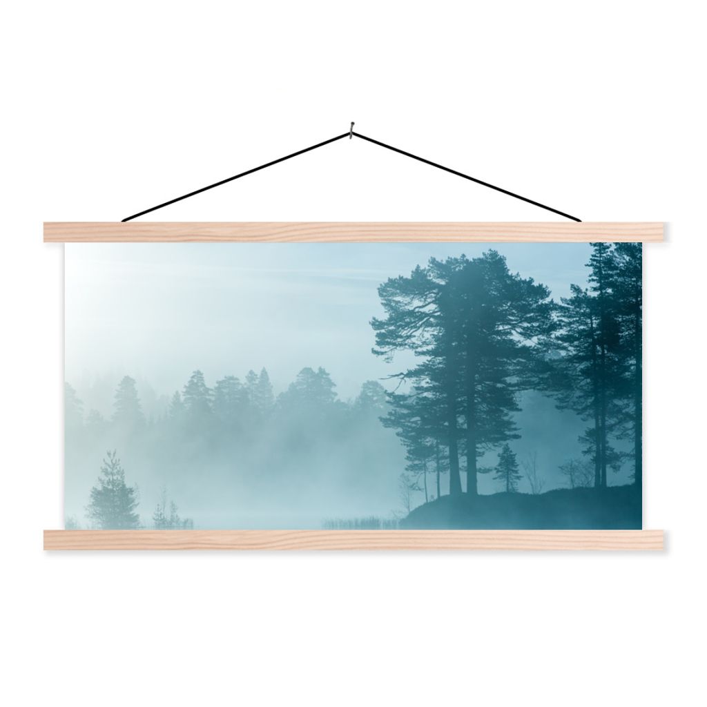 MuchoWow Textilposter Wald - Licht - Nebel 120x60 cm mit holzfarbenen Rahmen - Klemmleiste