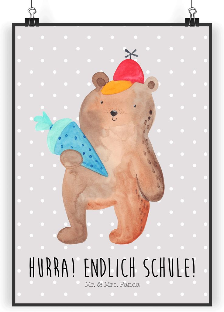 Mr. & Mrs. Panda Bild Bär Schultüte DIN A4 - Grau Pastell - Geschenk, kunstdruck poster, Grundschule, drucke, Teddy, Motiv, wanddeko, Einschulung...