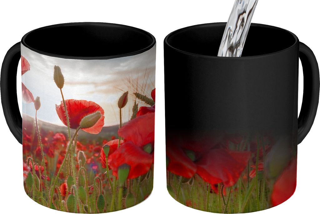 MuchoWow Zauber Tasse Zaubertasse Magic Sonnenuntergang hinter den schönen Mohnblumen 350 ml Farbwechsel Becher Geschenk Geschenkidee - Magic-Ta...