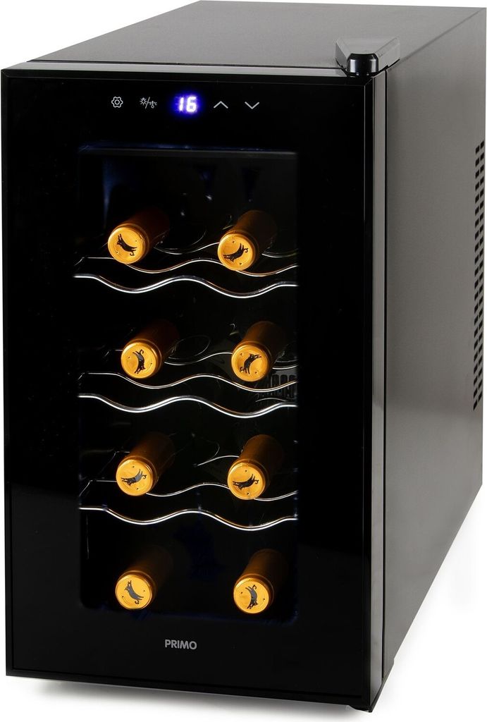 A black wine cooler filled with wine bottles.