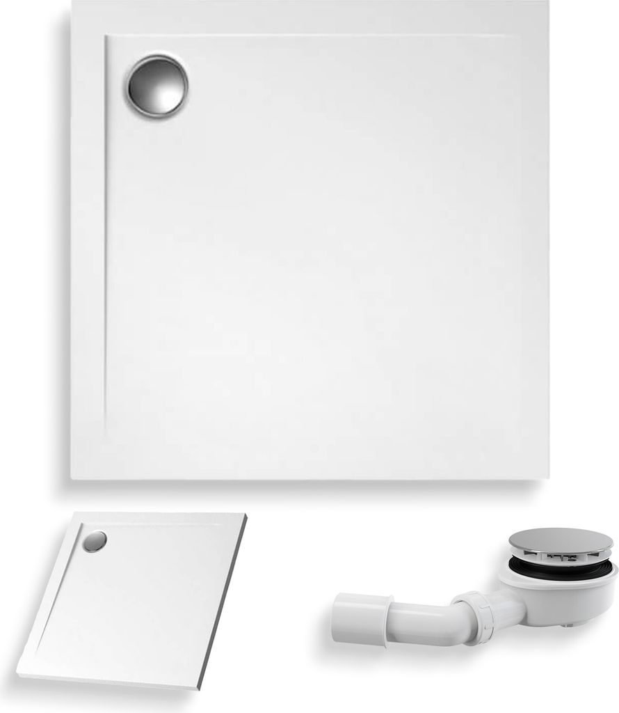 BADLAND Duschwanne Quadratisch Geos 80x80x4,5 cm Glatt mit Ablaufgarnitur Gratis