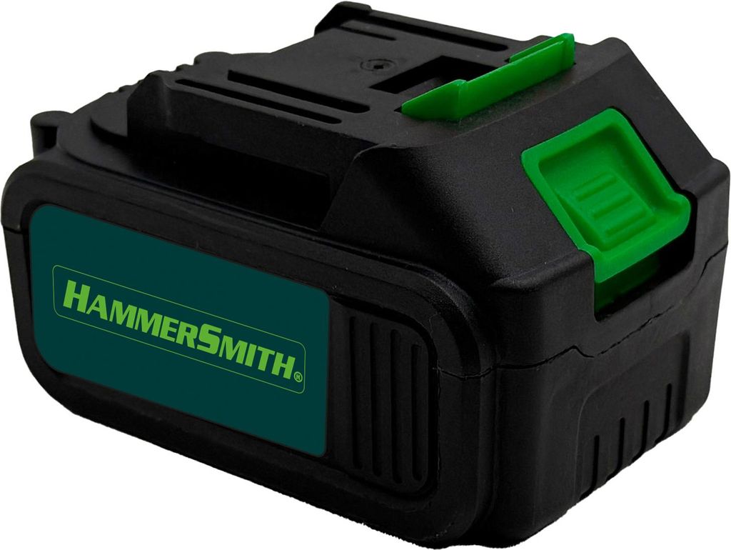 A black battery pack with green accents and branding.