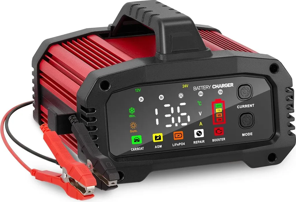 Chargeur de batterie intelligent 12V 24V rouge avec 5 modes de charge