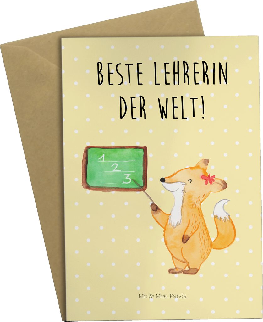 Mr. & Mrs. Panda Grußkarte Fuchs Lehrerin - Gelb Pastell - Geschenk, babykarte, glückwunschkarten, Beileidskarte, Lustige Sprüche, einladungskar...