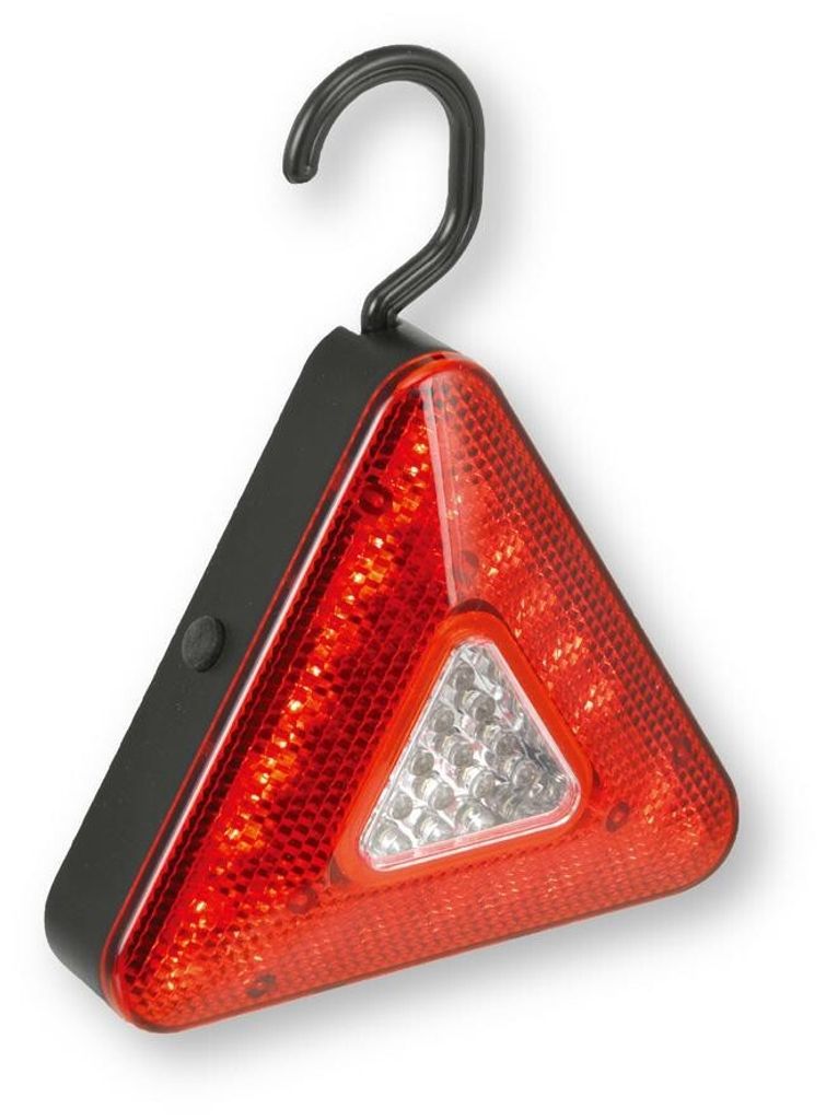 A red triangular warning light with a black hook on a white background.
