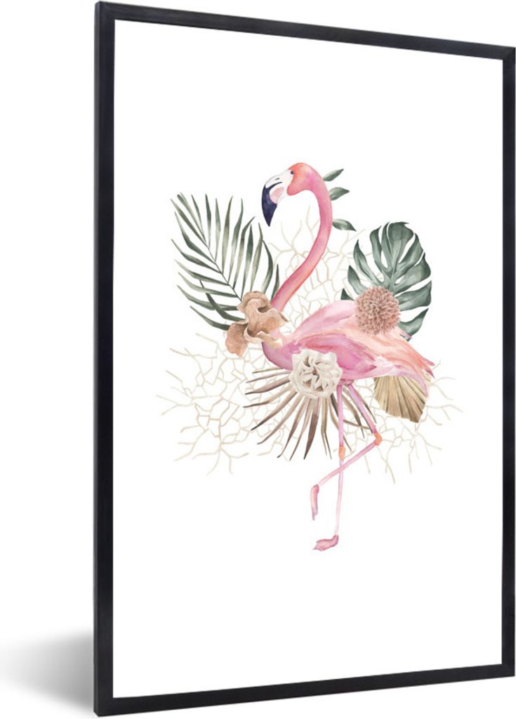 MuchoWow MuchoWow Gerahmtes Poster Pflanzen - Flamingo - Blumen 40x60 cm - Poster mit zchwarzem Bilderrahmen - Papierdruck - Wandbilder