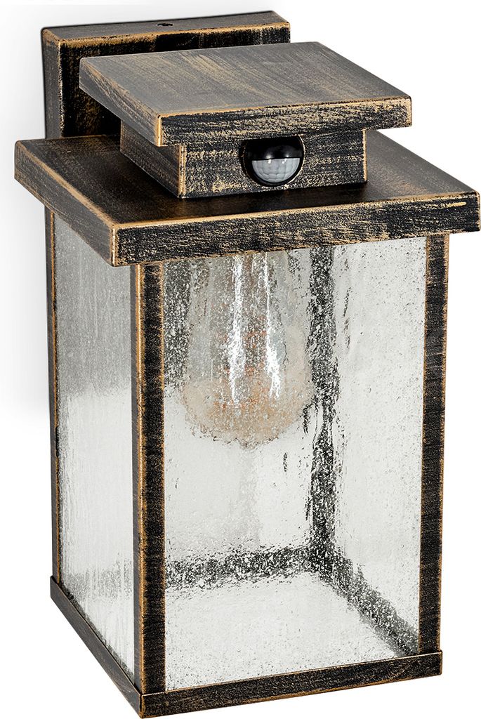 Poggio Wandlampe m. Bewegungsmelder aus Metall/Glas in Schwarz/Braun/Gold/Klar m. Luftblasen