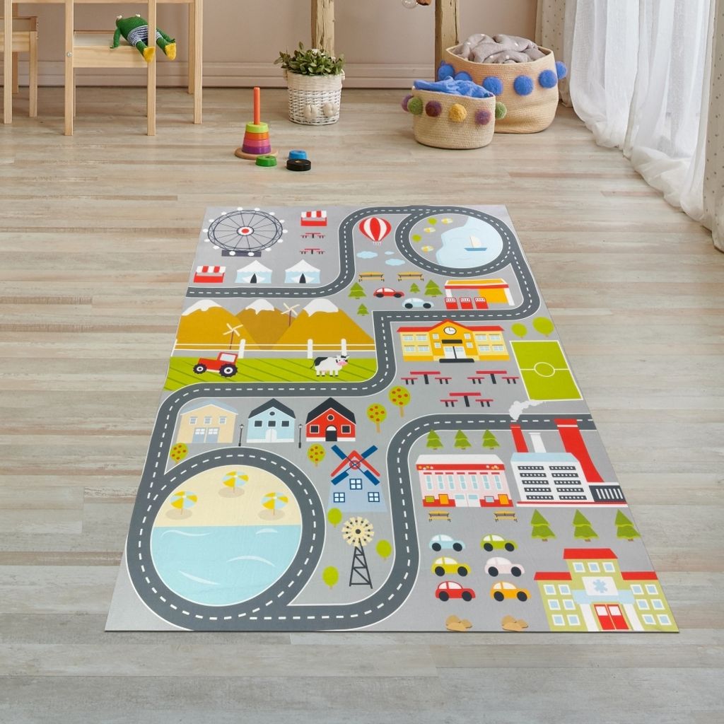 Kinderzimmerteppich rutschsicher mit Städtemuster in Grau Größe - 100 x 200 cm