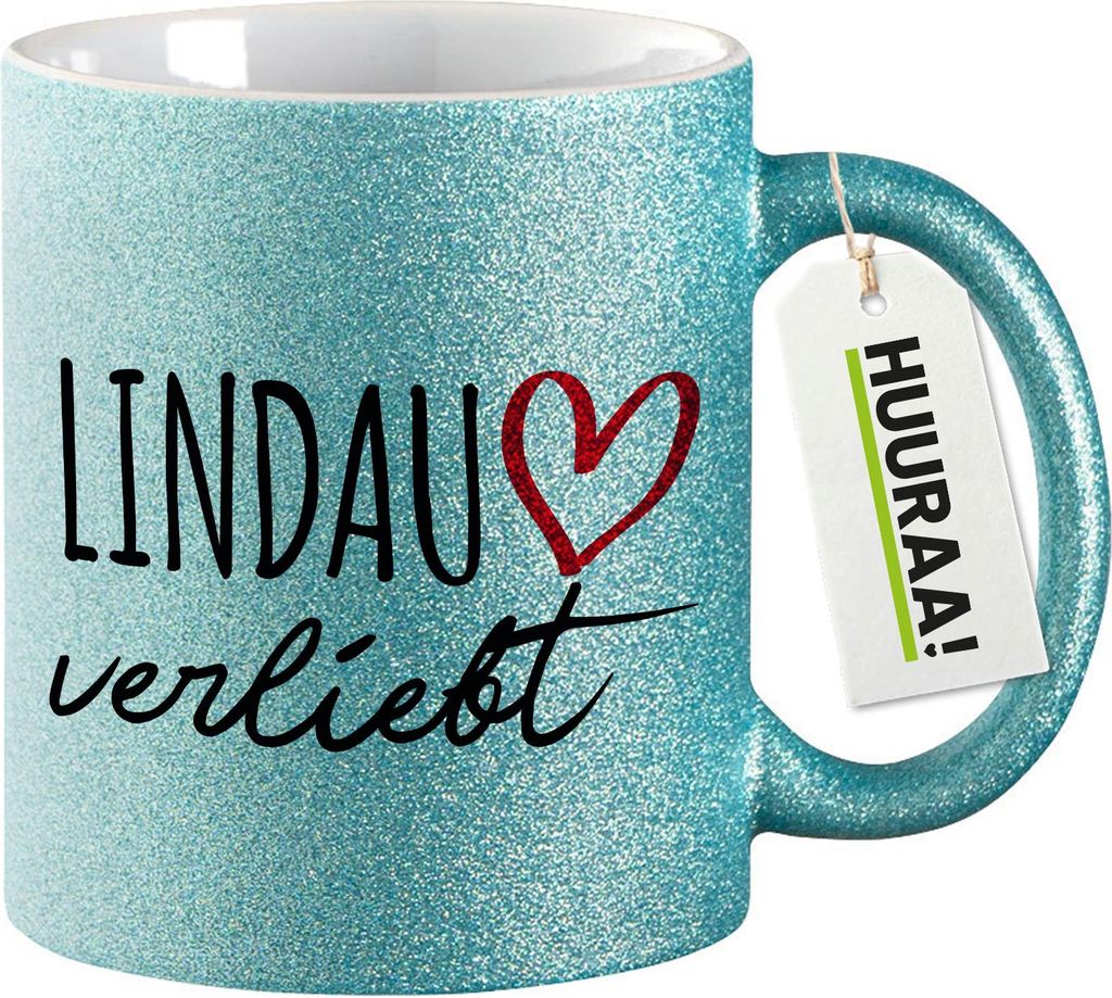 Huuraa Glitzertasse Lindau Bodensee verliebt 330ml Blau Keramik Kaffeebecher Geschenkidee