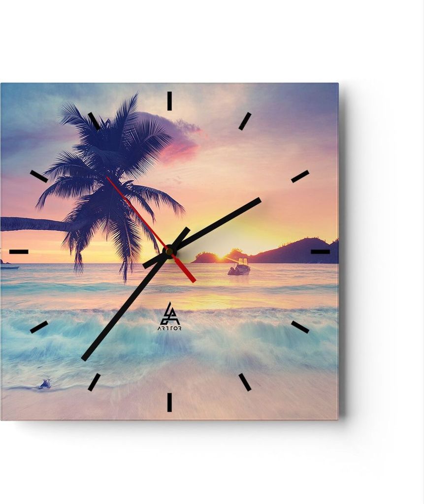 Wanduhr - Quadrat - Glasuhr - Meer Strand Palme - 40x40cm - Schleichendes Uhrwerk - Lautlos - zum Aufhängen bereit - Dekoration Modern - Wanddekor...