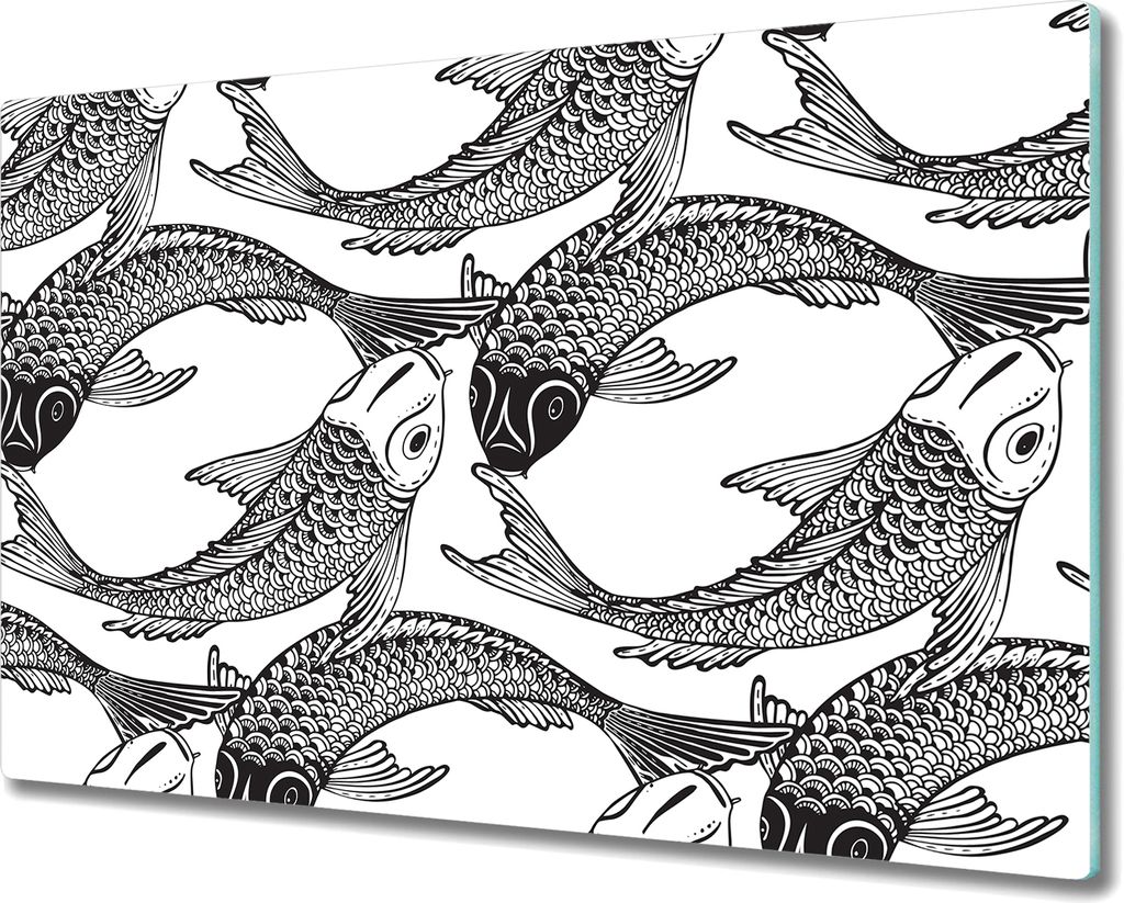 Glas-Herdabdeckplatte Glaskeramikfeldabdeckung Spritzschutz - 80x52 cm - Fish Koi SchwarzWeiß