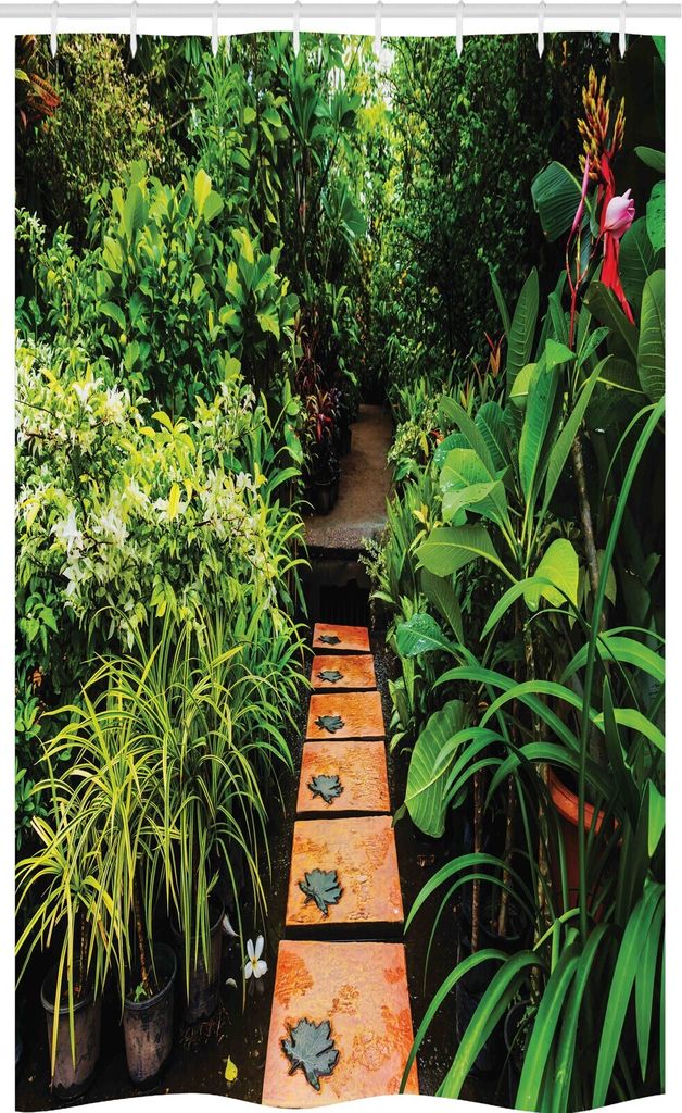 ABAKUHAUS Zen Garten Schmaler Duschvorhang, Tropical Wachstum, Badezimmer Deko Set aus Stoff mit Haken, 120 x 180 cm, Grün Hellbraun
