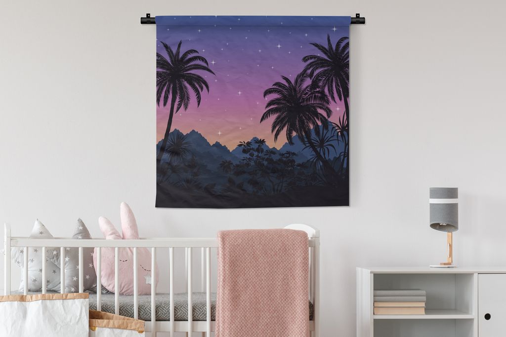 MuchoWow Wandteppich Wandbehang Sternenhimmel - Palme - Berg 90x90 cm Tapisserie Dekoration Wandtuch - Wandaufhänger