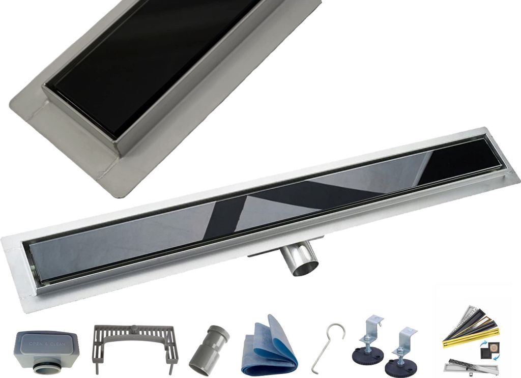 AQUA HEATING linearer Bodenablauf Gehärtetes Glas Edelstahl superflach Komplettset für Badezimmer mit bodengleicher Dusche, Duschrinne Ablaufgarn...