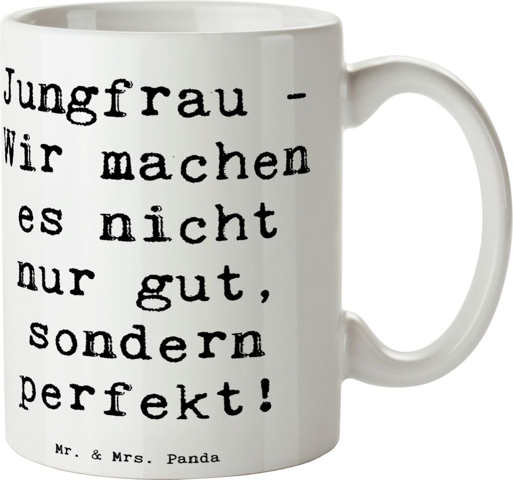 Mr. & Mrs. Panda Kaffeetasse Spruch Jungfrau Perfektion - Weiß - Geschenk, Detailverliebt, Bedruckte Tasse, Becher, Pott, Tierkreiszeichen, Sternz...