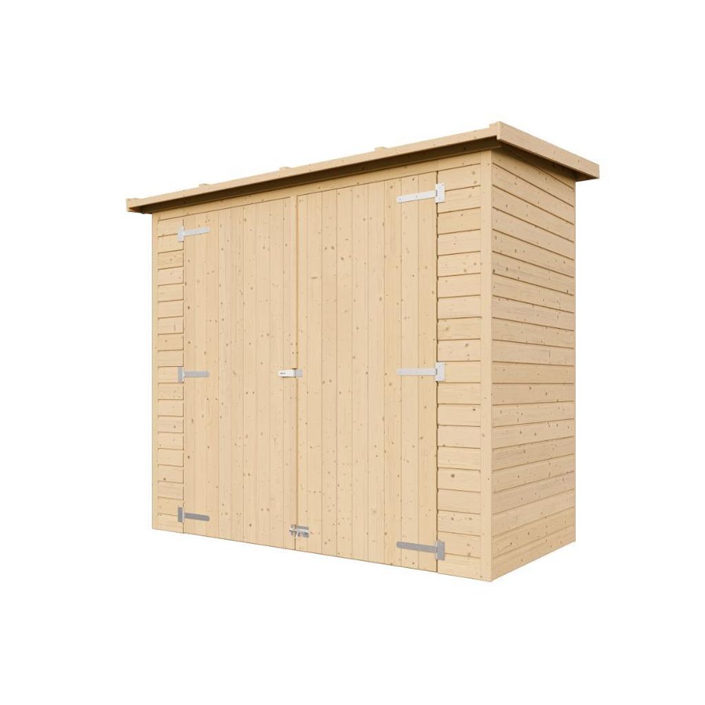 A wooden garden shed with double doors, shown from a slightly angled front view against a white background.