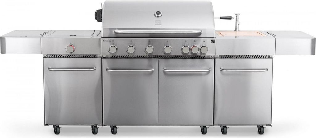 A stainless steel gas grill with multiple burners and side shelves, shown from the front against a white background.