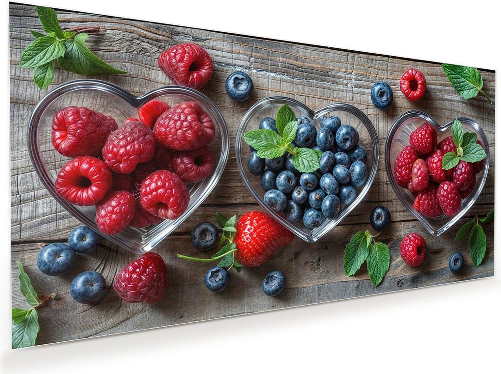 Glasbild 120x60cm in XXL für Wohnzimmer, Schlafzimmer Motiv Herzschalen Beeren