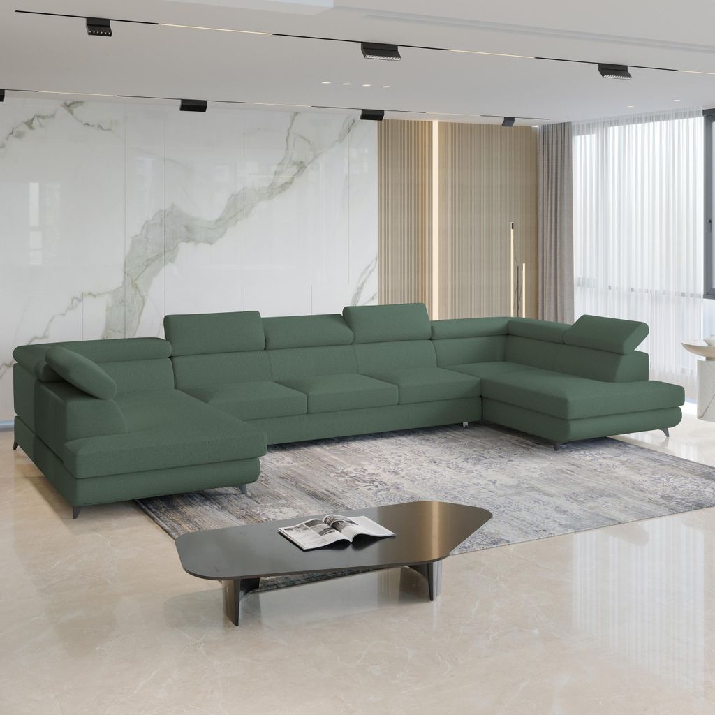 Masseno Ecksofa URMANO mit Schlaffunktion U-Form, Sofa mit Bettkasten, Wohnzimmersofa, Couch, Soffa, Bettsofa, Couchgarnitur- Grün, QUELLE 37