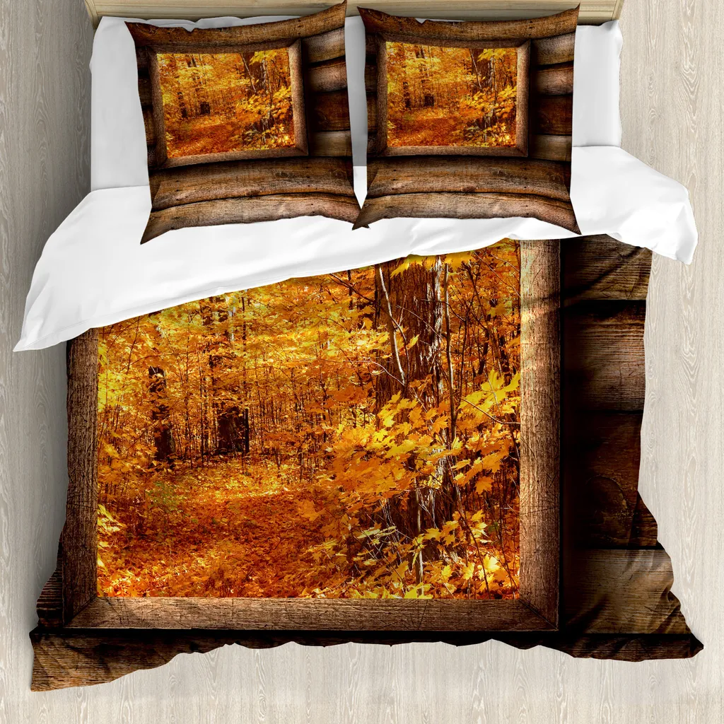 ABAKUHAUS Copripiumino, vista dalla casa di campagna, antiacaro, adatto a chi soffre di allergie, con federe, 155 cm x 220 cm - 80 x 80 cm, arancione marrone