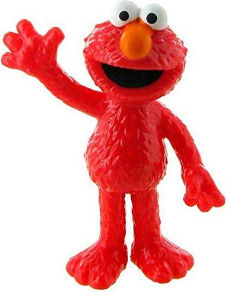 A red Elmo toy figure waving.