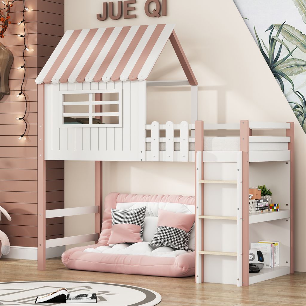 MODFU Etagenbett Hochbett mit Ablagefach und Leiter, Kinderbett mit Rausfallschutz und Lattenrost, Massivholzbett Jugendbett mit Dachform und Fenst...