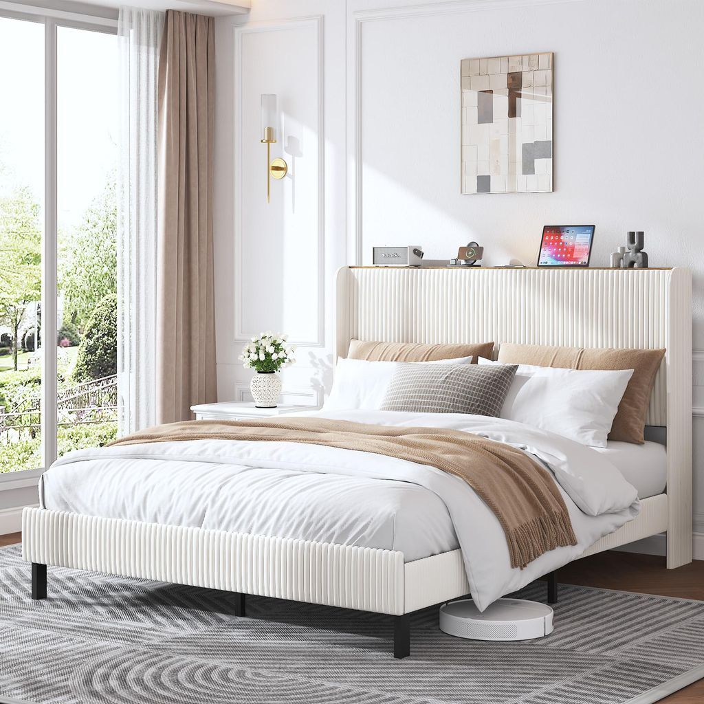 Bettrahmen gepolstertes Plattformbett mit Stoffköpfchen, Flügelkantendesign/Nicht-Rutscht- und Rauchfreien/Metalllatten/No BoxSpre 160*200