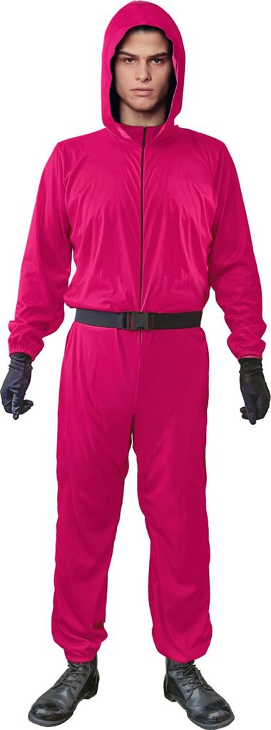 A person wearing a pink hooded jumpsuit and black gloves and shoes, standing against a white background.