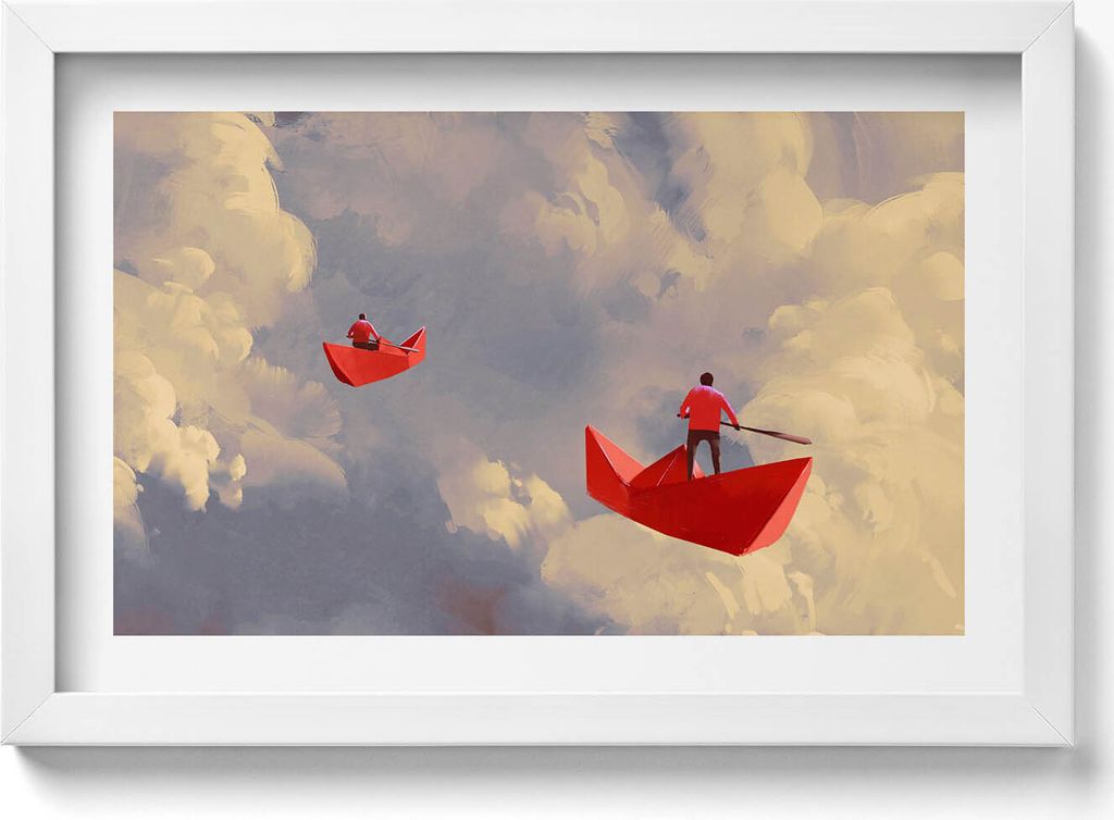 Papierbootfahrt– Wandbild mit Rahmen – Gerahmtes Bild – Wanddekoration – 30x20 cm – Weiß Rahmen