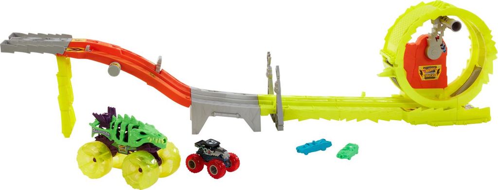 Hot Wheels Monster Trucks Power Smashers Race & Chase Challenge mit extragroßem Skelesaurus, Bone Shaker im Maßstab 1:64 und 2 zerdrückten Autos...