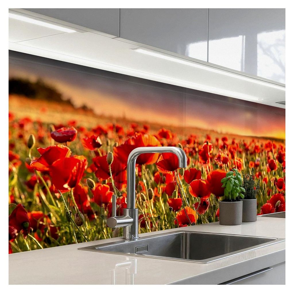 Selbstklebende Küchenrückwand 60x200 cm Küchenspritzschutz Rückwand Wandschutz ohne Bohren Sonnenuntergang - Mohnblumen - Rot - Blumen - Feld -...