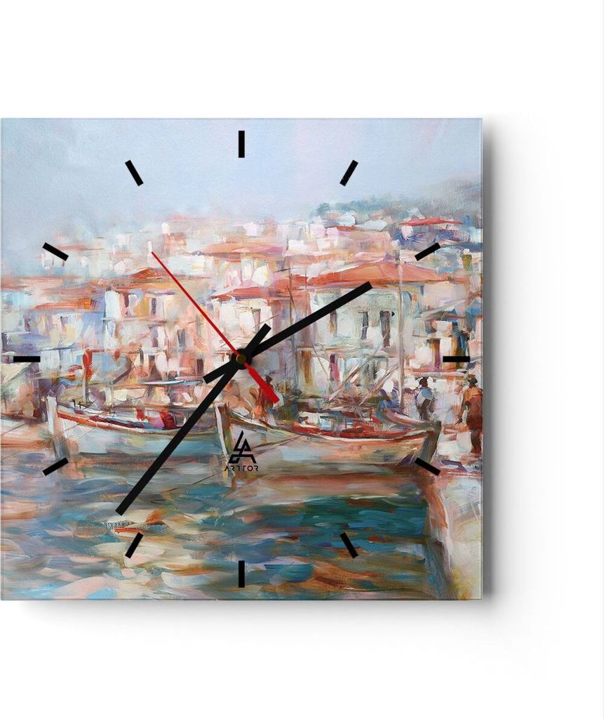 Wanduhr - Quadrat - Glasuhr - Insel Boote Hafen - 30x30cm - Schleichendes Uhrwerk - Lautlos - zum Aufhängen bereit - Dekoration Modern - Wanddekor...