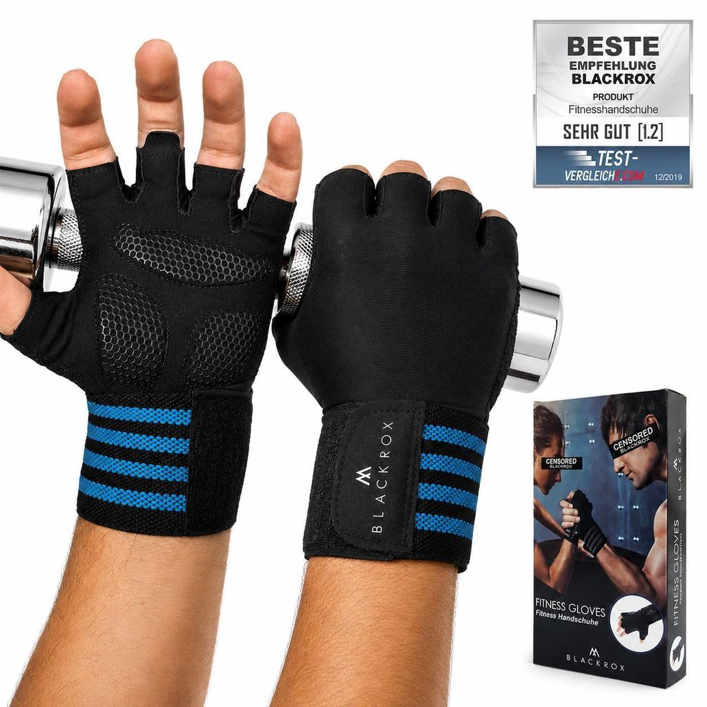 BLACKROX Trainingshandschuhe Vergleichssieger Fitness Handschuhe mit Handgelenkstütze Herren u. Damen, Handschuhe für Kraftsport, Gym, Blau, Gr. L