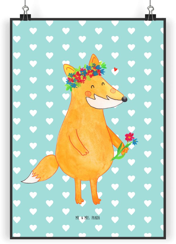Mr. & Mrs. Panda Bild Fuchs Blumen DIN A5 - Türkis Pastell - Geschenk, wanddeko, Wanddekoration, Boho, Blume, Wandbild, Blumenliebe, Freude, Plaka...