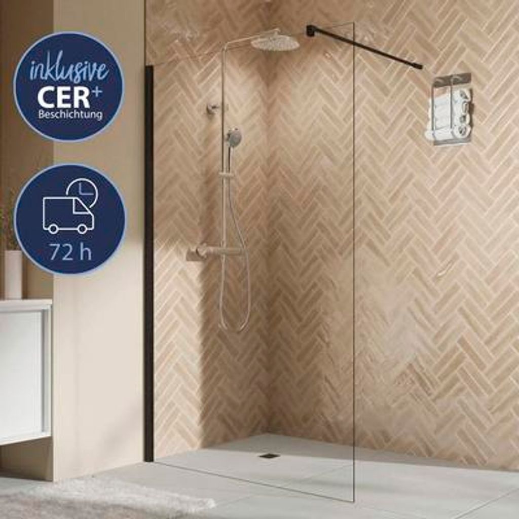 Walk In BREUER Elana 2.0 Express Q72 Profil eckig 140 x 200 cm Profil schwarz matt Klarglas schmutzabweisende Glasbeschi