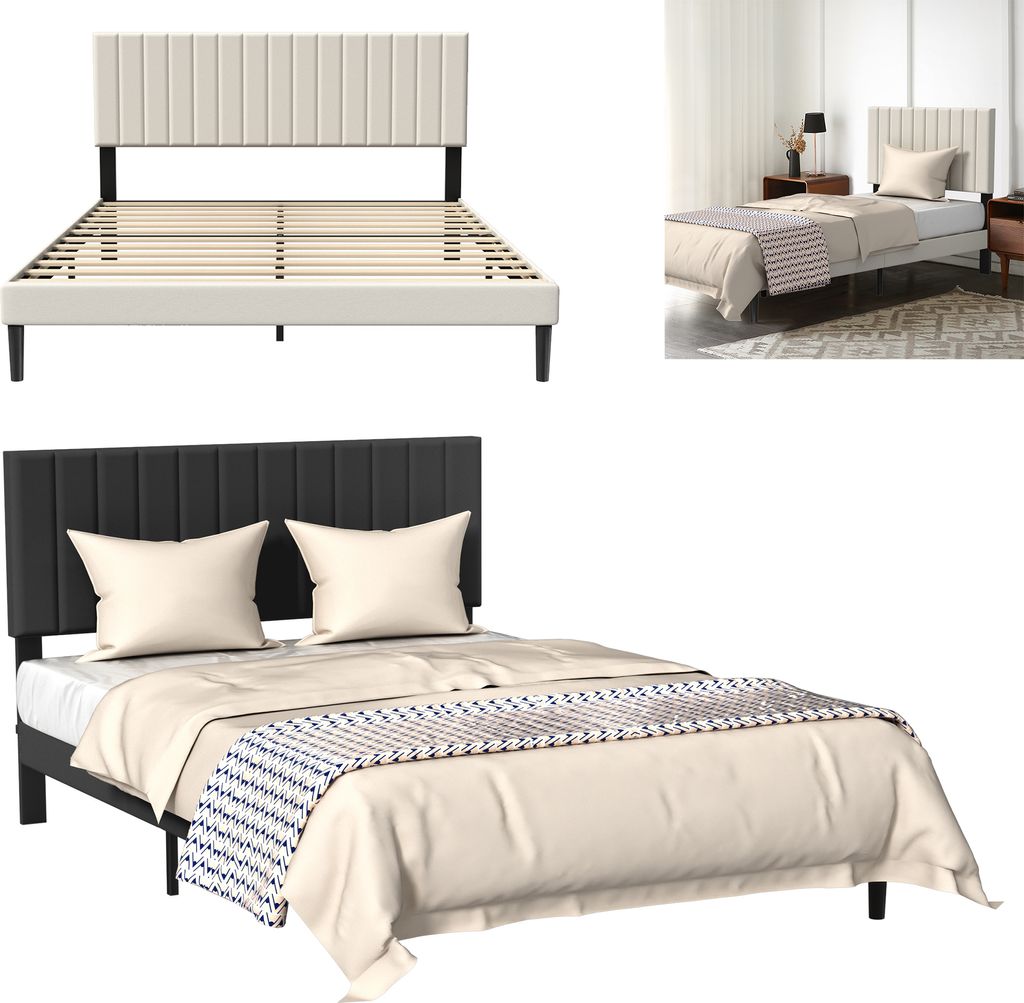Collage of a bed frame and a bedroom scene.