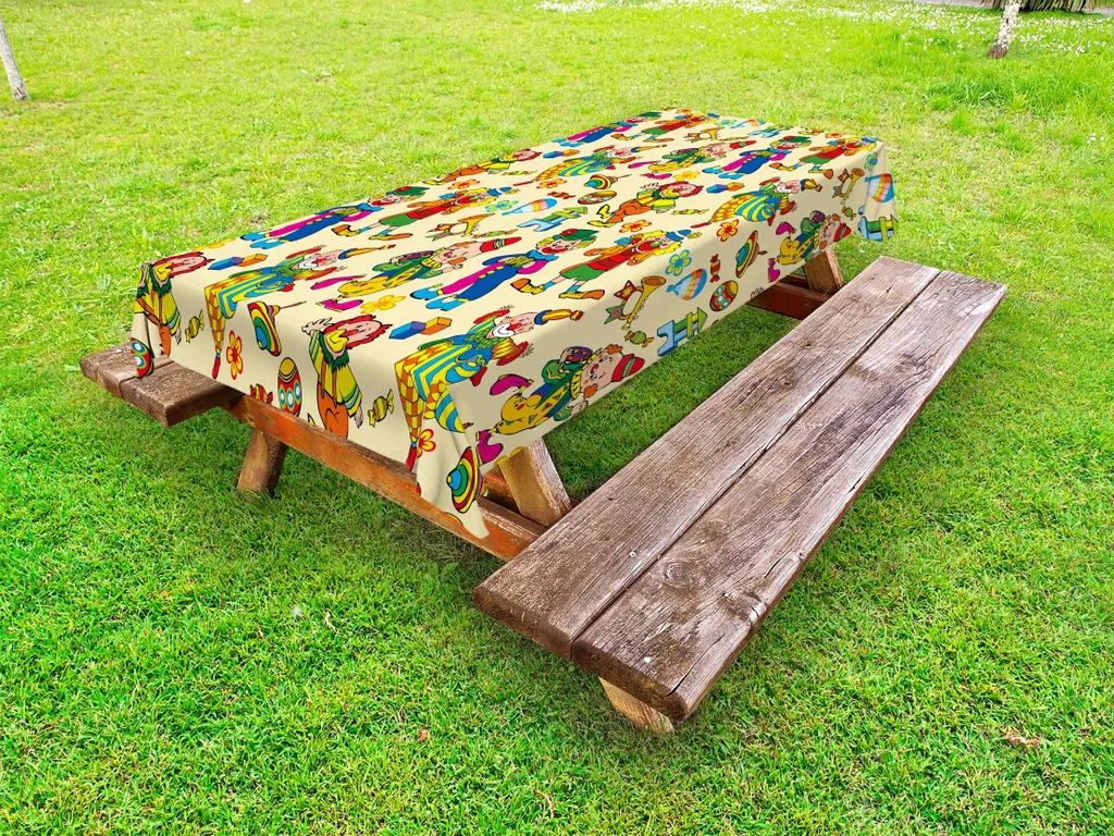 ABAKUHAUS Tovaglia da esterno per asilo, divertente motivo cartoon con clown, giocattoli infantili, caramelle, palline e cubi, giallo e blu, 145x210 cm